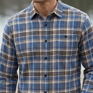 Woolrich Trout Run Shirt Mens L Flannel Blue Plaid Classic Fit Cotton Comfort